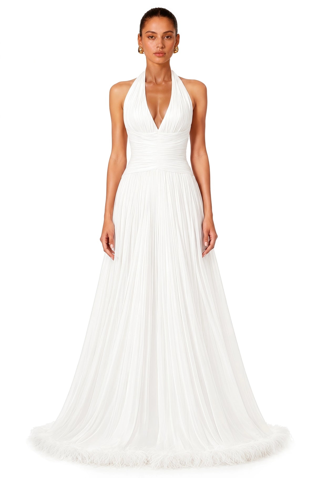 Ramona White Feather Hem Gathered Maxi Dress