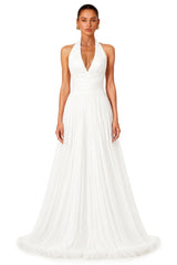 Ramona White Feather Hem Gathered Maxi Dress