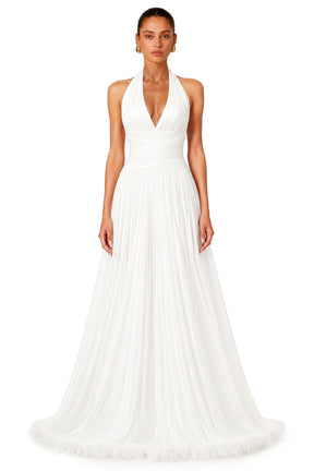 Ramona White Feather Hem Gathered Maxi Dress