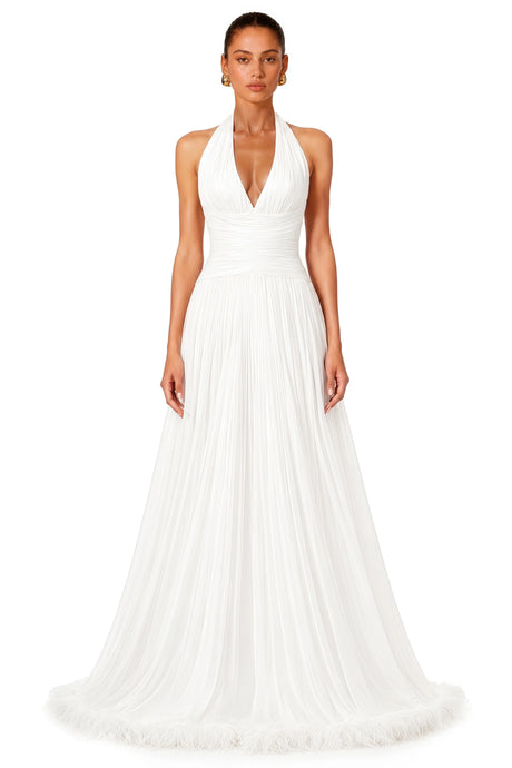 Mattea Maxi Dress White Feather Hem Gathered