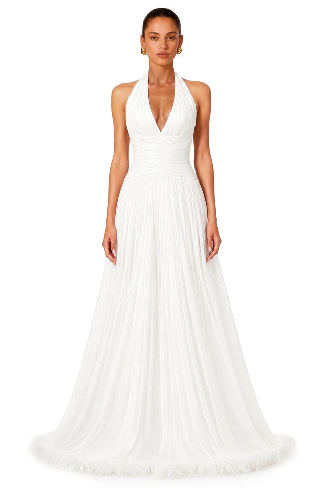 Ramona White Feather Hem Gathered Maxi Dress