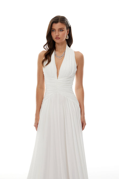 Nicole Maxi Dress White Feather Hem Gathered