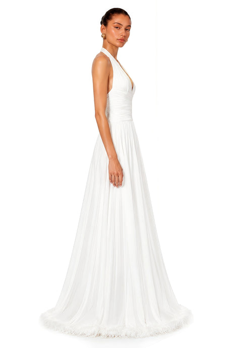 Mattea Maxi Dress White Feather Hem Gathered