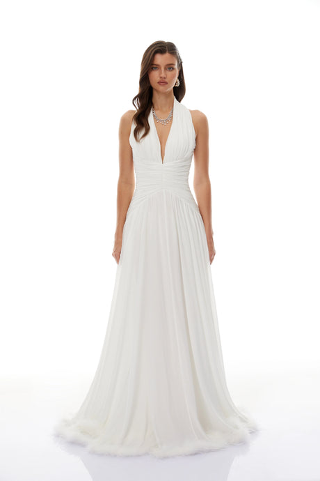 Nicole Maxi Dress White Feather Hem Gathered