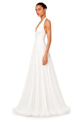 Ramona White Feather Hem Gathered Maxi Dress