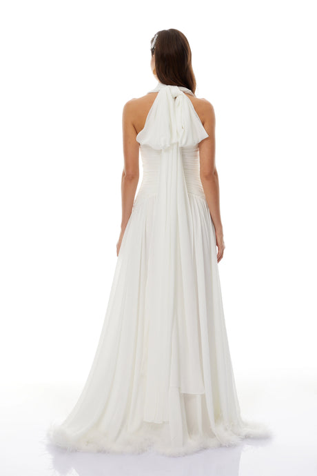 Nicole Maxi Dress White Feather Hem Gathered
