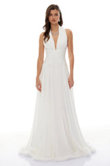 Ramona White Feather Hem Gathered Maxi Dress
