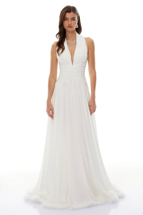 Ramona White Feather Hem Gathered Maxi Dress
