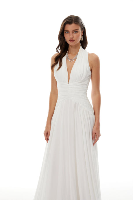 Nicole Maxi Dress White Feather Hem Gathered