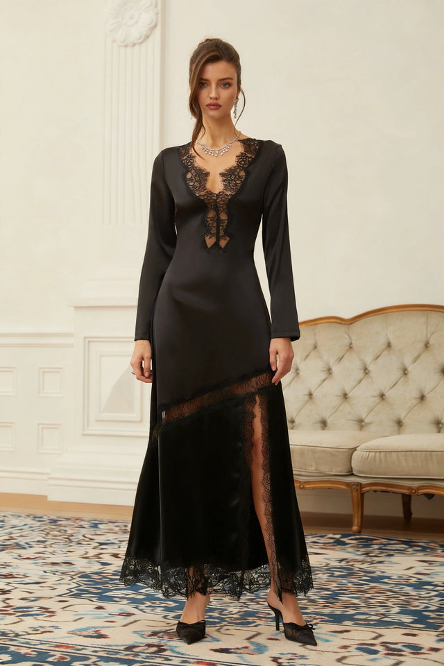 Raphaëlle Black Lace Panel Satin Maxi Dress