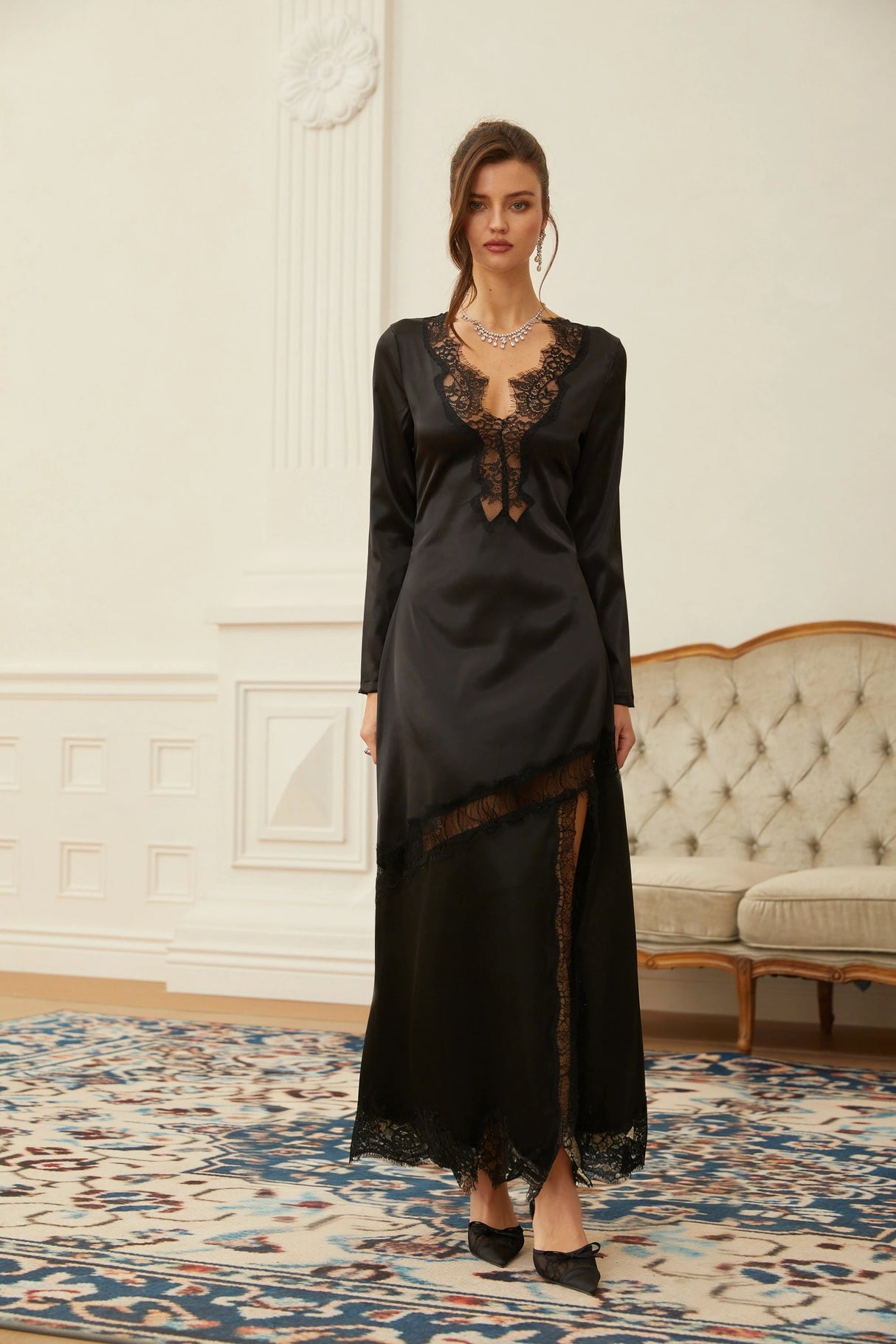 Raphaëlle Black Lace Panel Satin Maxi Dress