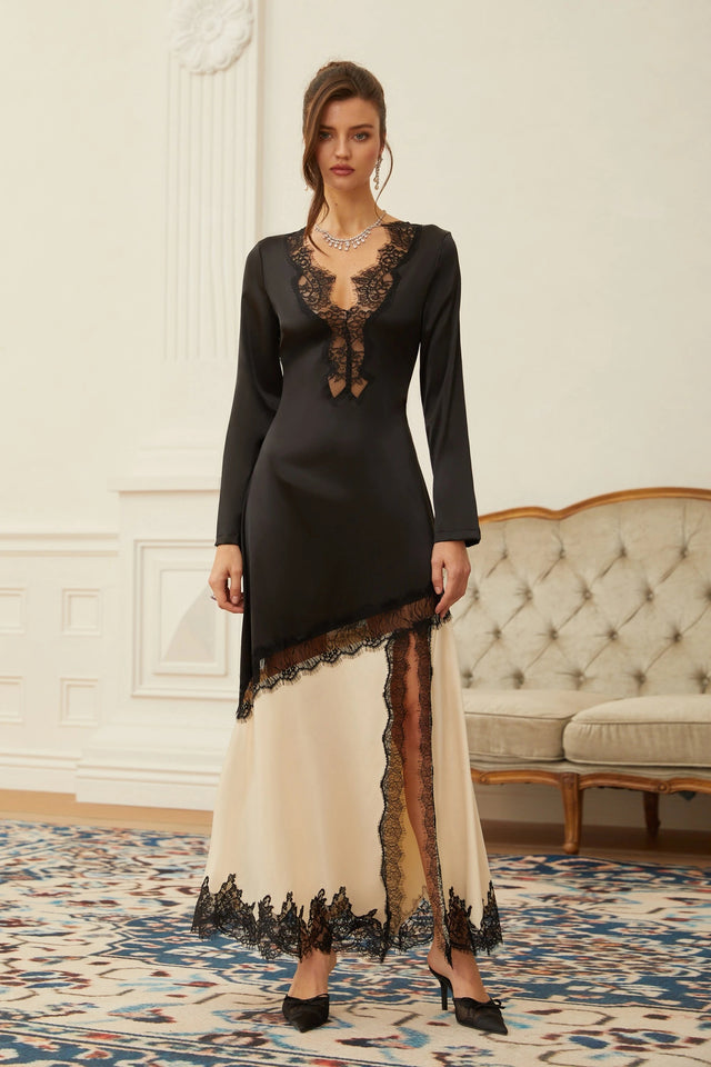 Raphaëlle Neutrals Lace Panel Satin Maxi Dress