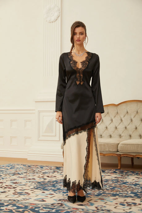 Giovannella Maxi Dress Neutrals Lace Panel Satin