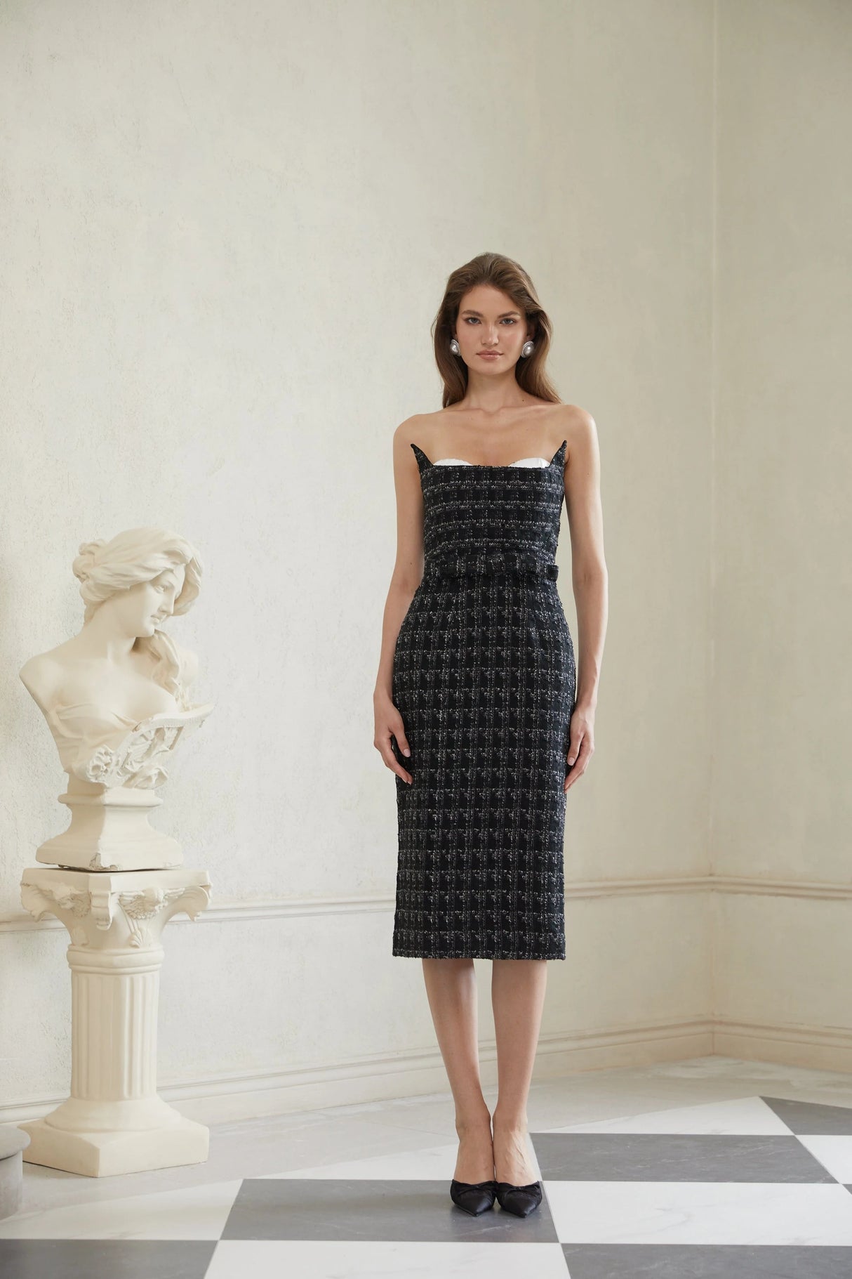 Rauha Black Plaid Weave Tweed Midi Dress