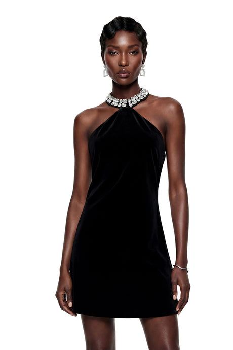 Gabriella Mini Dress Black Halterneck Velvet with Crystals