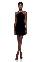 Regina Black Halterneck Velvet Mini Dress with Crystals