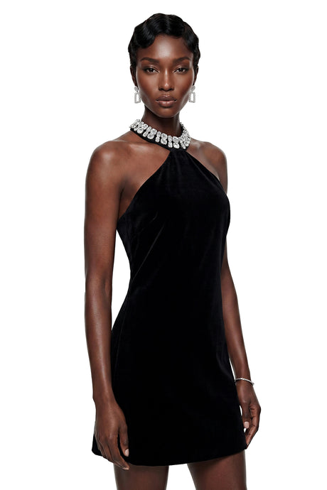 Gabriella Mini Dress Black Halterneck Velvet with Crystals
