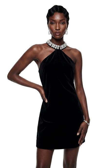 Gabriella Mini Dress Black Halterneck Velvet with Crystals