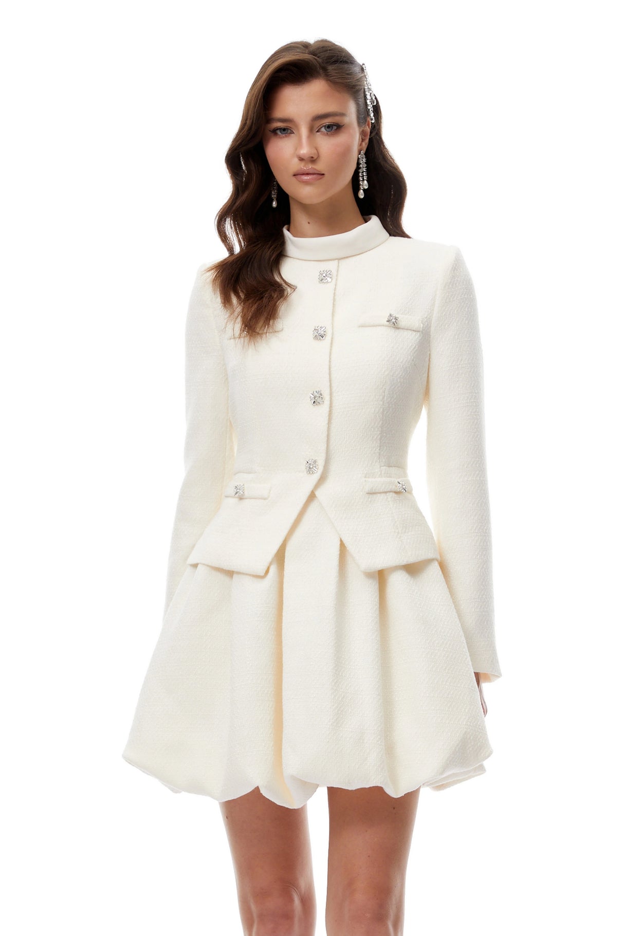 Regina White Crystal Embellished Tweed Mini Dress