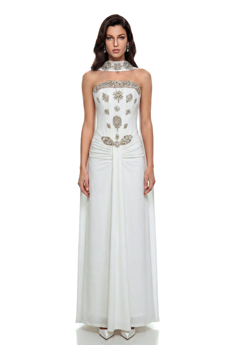 Clarissa Maxi Dress White Embellished with Ribbon