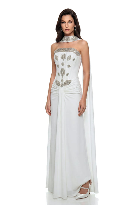 Clarissa Maxi Dress White Embellished with Ribbon