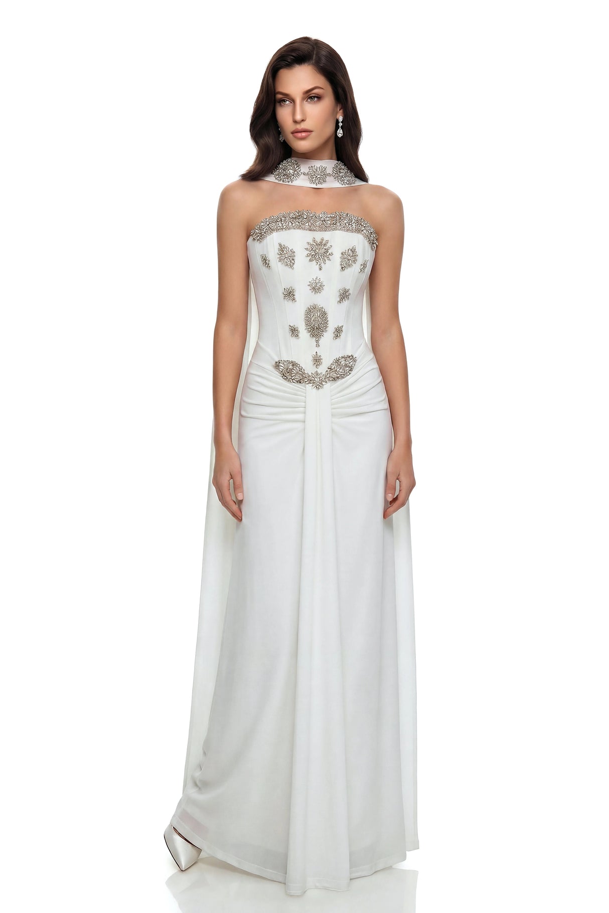 Reina White Embellished Maxi Dress with Ribbon
