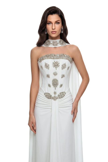 Clarissa Maxi Dress White Embellished with Ribbon