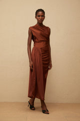 Reine Brown Asymmetrical Ruched Maxi Dress