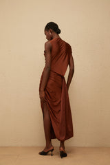 Reine Brown Asymmetrical Ruched Maxi Dress