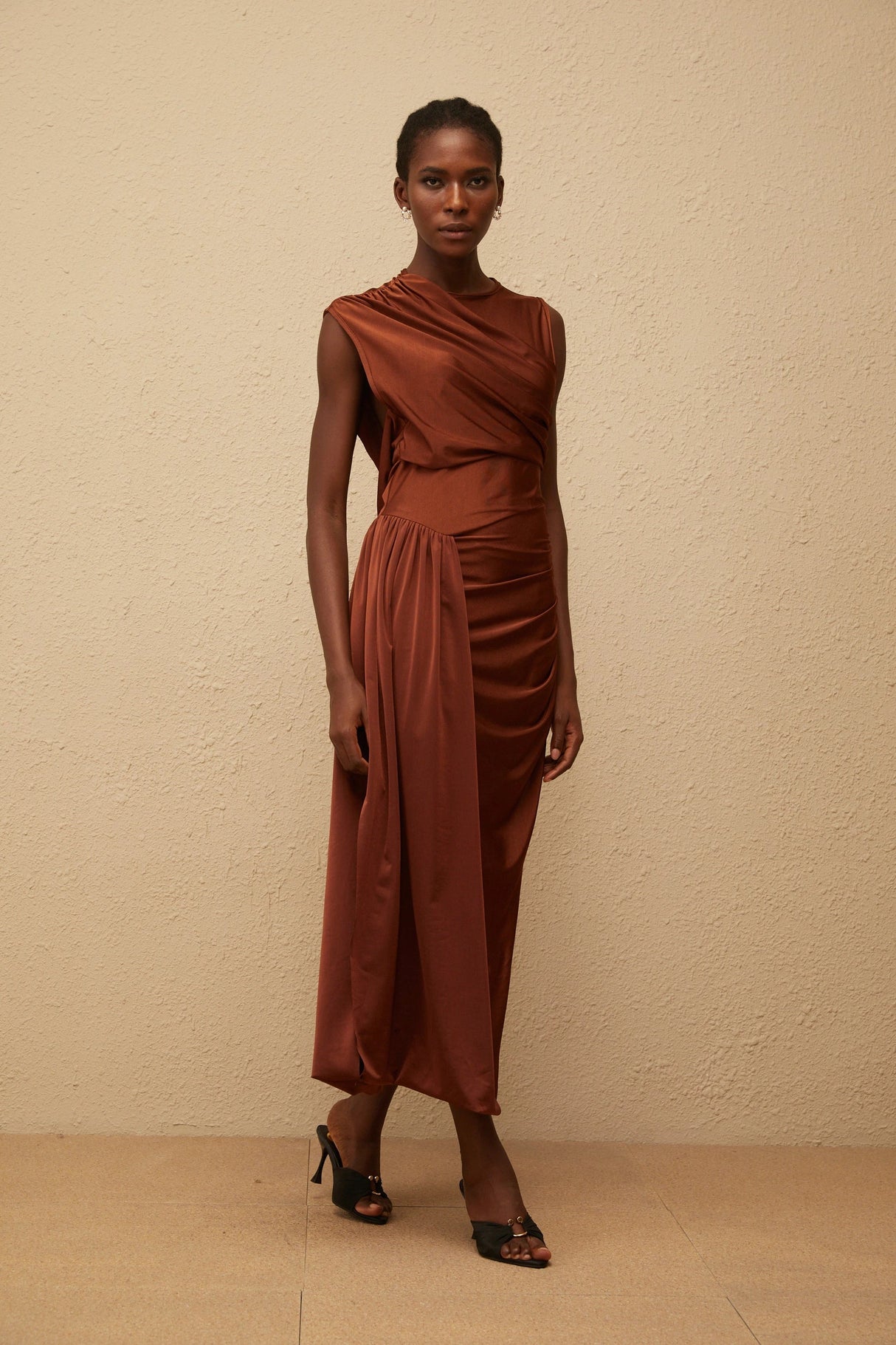 Reine Brown Asymmetrical Ruched Maxi Dress
