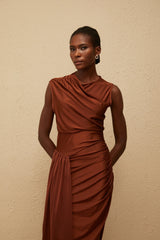 Reine Brown Asymmetrical Ruched Maxi Dress