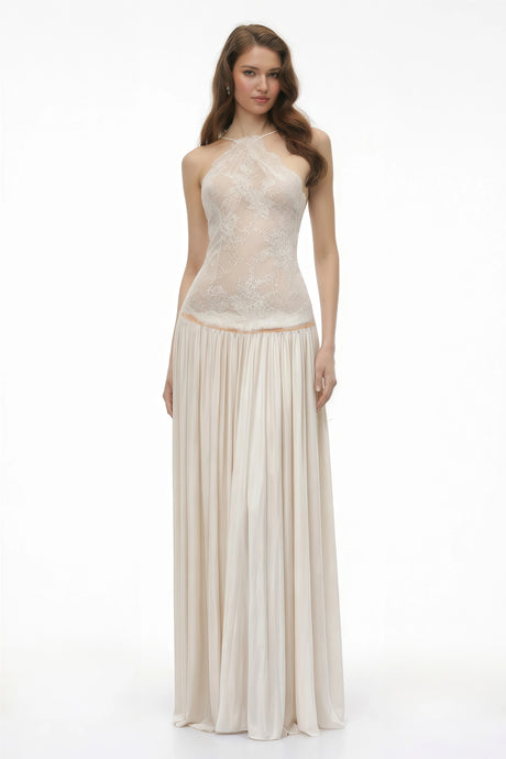 Everleigh Maxi Dress White Pleated with Lace Panels