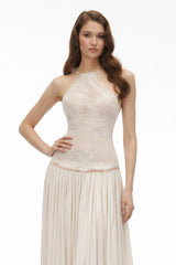 Reine White Pleated Maxi Dress with Lace Panels
