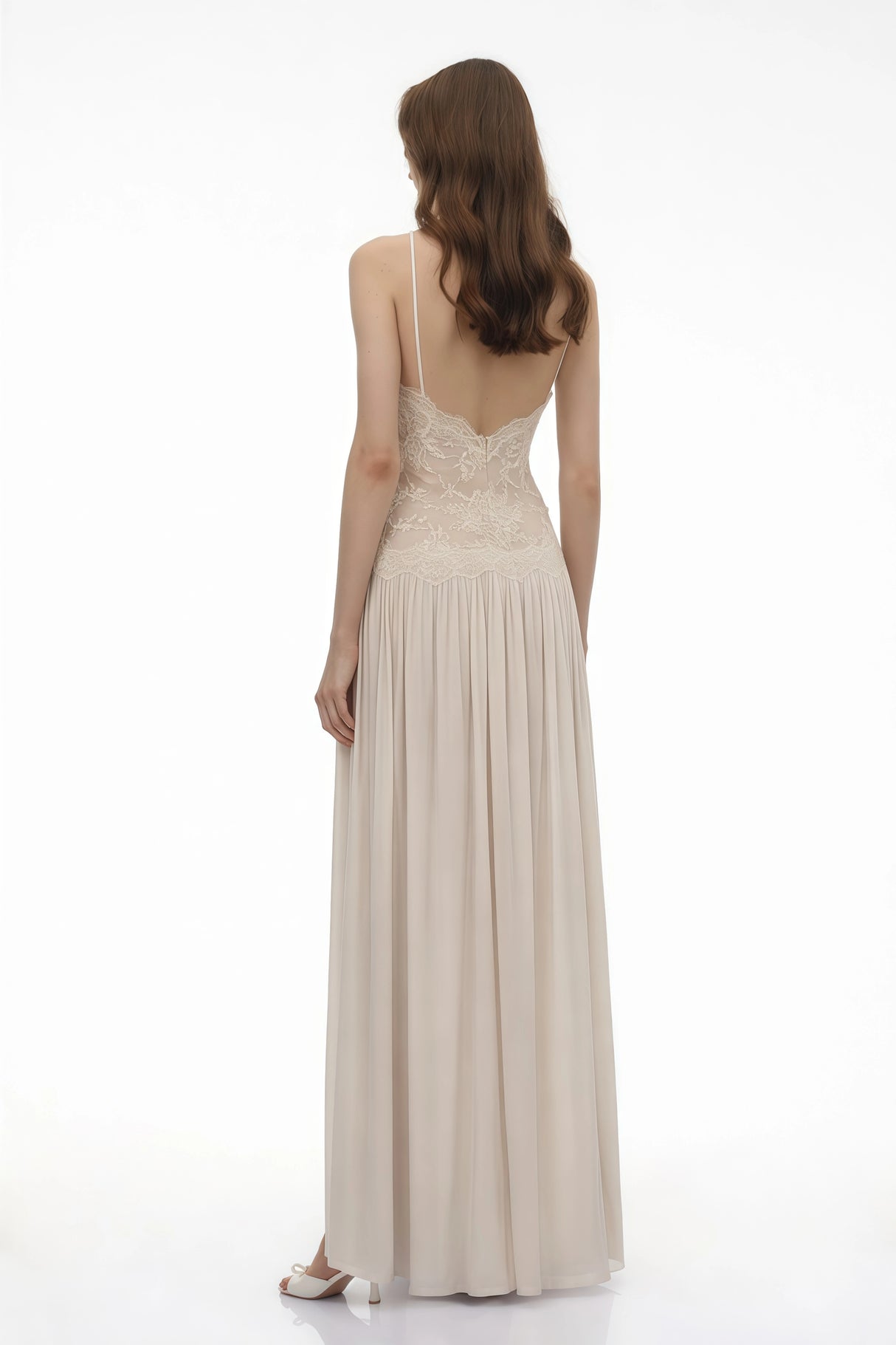 Reine White Pleated Maxi Dress with Lace Panels
