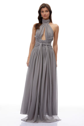 Remedios Grey Halterneck Ruched Maxi Dress