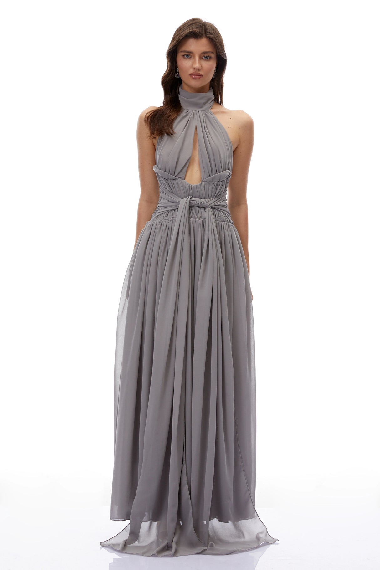 Remedios Grey Halterneck Ruched Maxi Dress