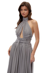 Remedios Grey Halterneck Ruched Maxi Dress