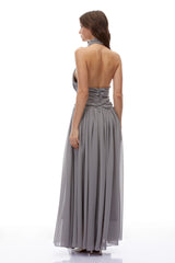 Remedios Grey Halterneck Ruched Maxi Dress