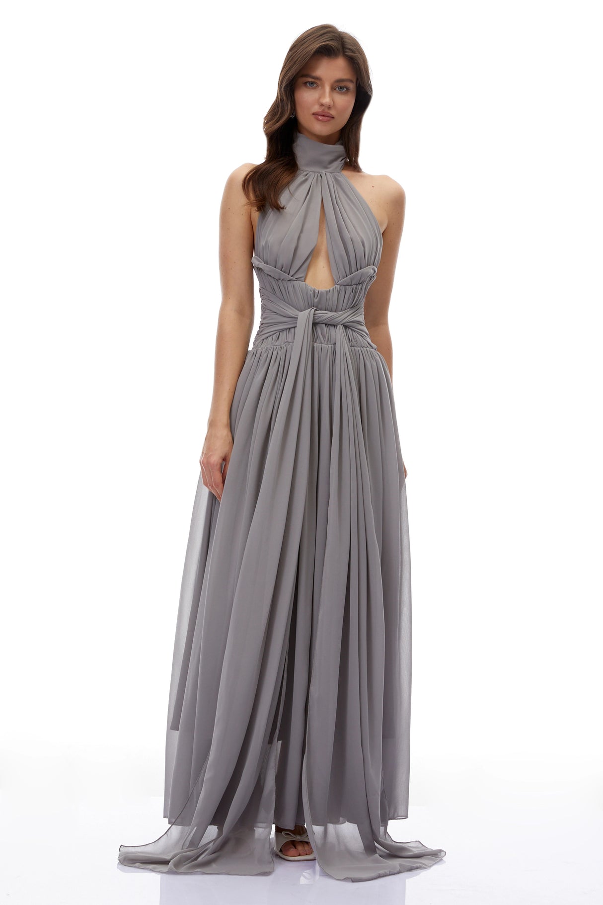 Remedios Grey Halterneck Ruched Maxi Dress