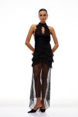 Remi Black Halterneck Floral Lace Maxi Dress