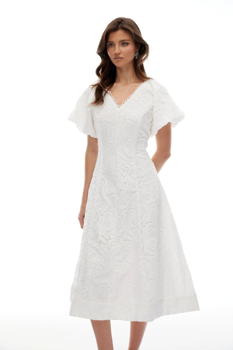 Rory Midi Dress White Floral Embroidered Lace
