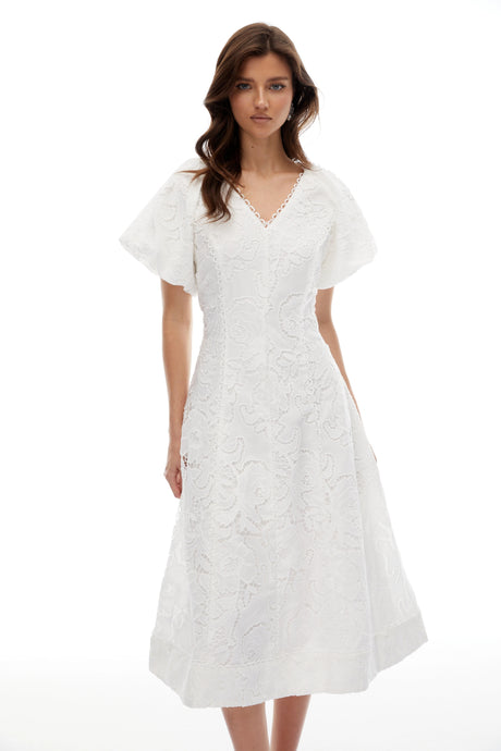Rory Midi Dress White Floral Embroidered Lace