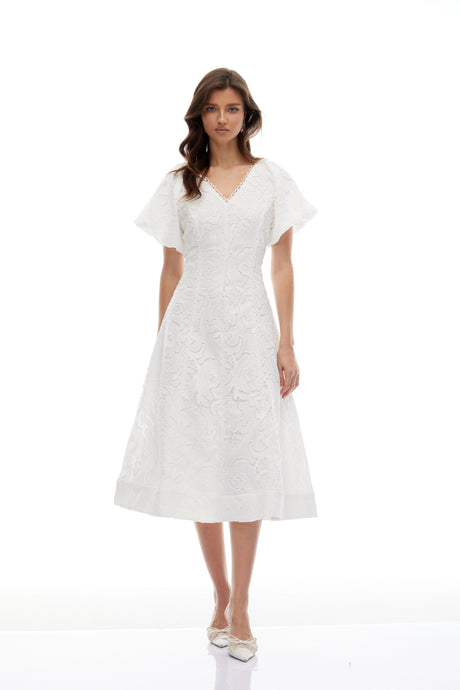Rory Midi Dress White Floral Embroidered Lace