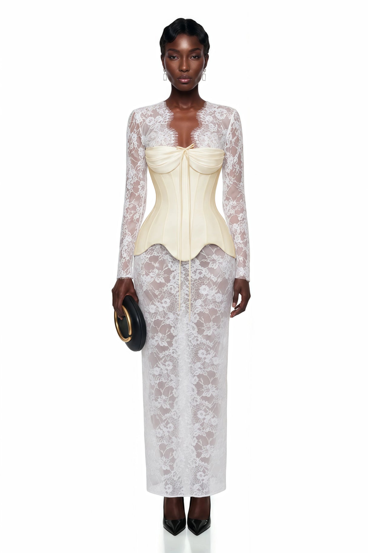 Renata White Ruched Top  Semi Sheer Lace Maxi Dress Set