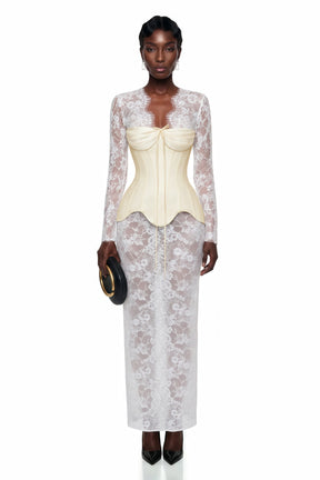 Renata White Ruched Top  Semi Sheer Lace Maxi Dress Set