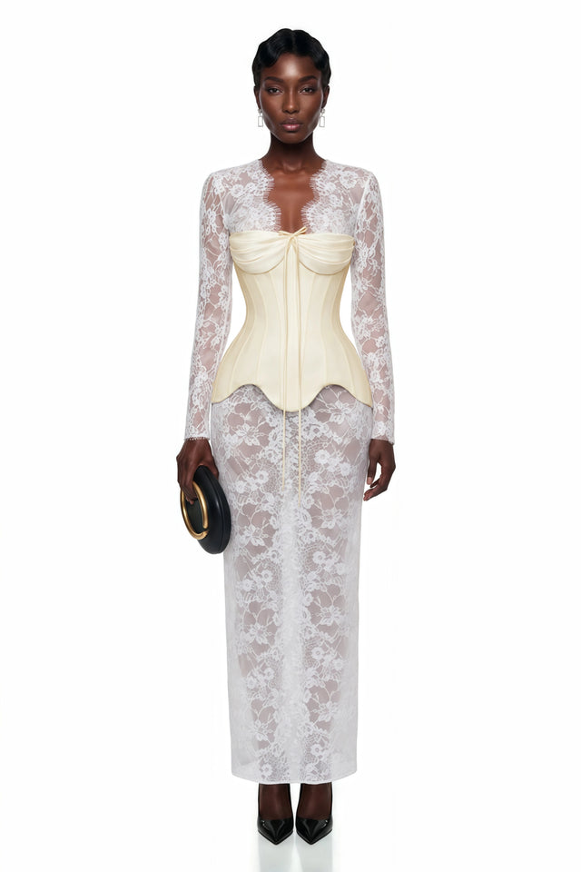 Renata White Ruched Top  Semi Sheer Lace Maxi Dress Set