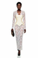 Renata White Ruched Top  Semi Sheer Lace Maxi Dress Set