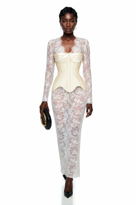 Zoe Maxi Dress White Ruched Top & Semi Sheer Lace Set