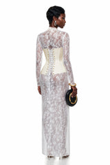 Renata White Ruched Top  Semi Sheer Lace Maxi Dress Set