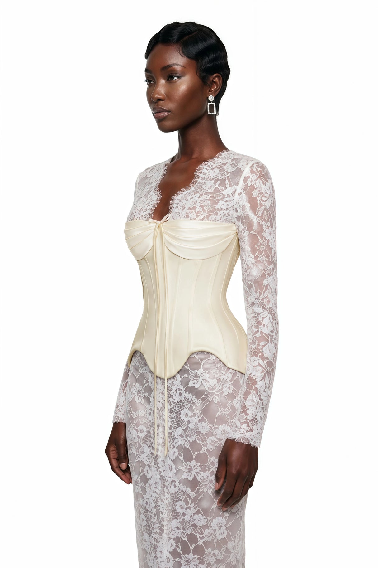 Renata White Ruched Top  Semi Sheer Lace Maxi Dress Set